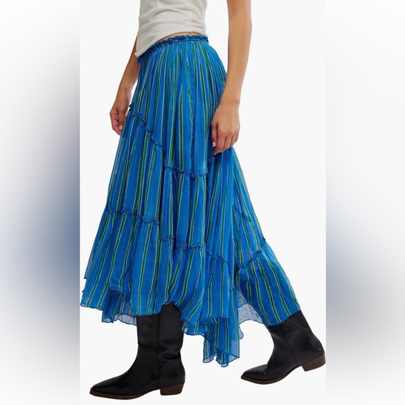 Free People Ember Tiered Stripe Midi Skirt in Blue Marina Sz XS, S $128 MSRP NWT - Picture 3 of 8